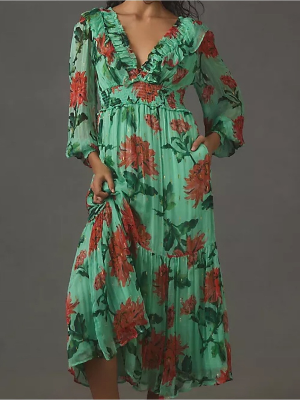 Anthropologie Mint Green Floral Maxi Dress with Coral Blooms